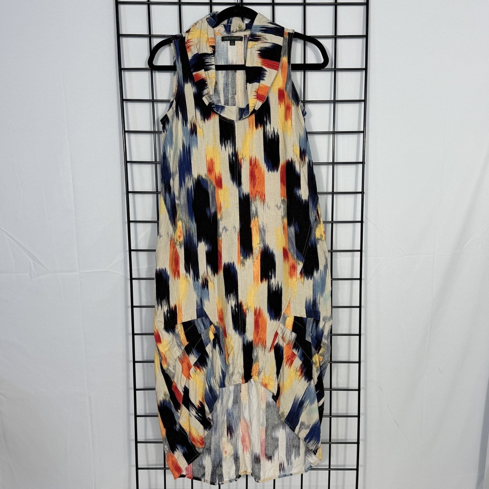 For Cynthia Hi-Low Dress Womens Small Multicolor‎ Abstract Roll Neck Linen Blend